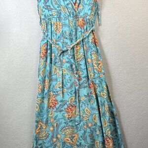 Land Of The Free Maxi Dress Size S Teal & Orange Floral Print Boho Wrap Vacation